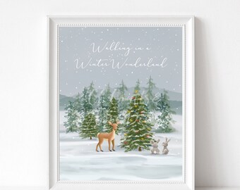 Winter Wonderland Woodland Illustration Wall Art Print, Christmas Decor