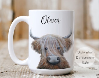 Cute Highland Cow Coffee Ceramic Mug, Unique Cow gift  available in 11oz and 15oz sizes. Can be personalized.