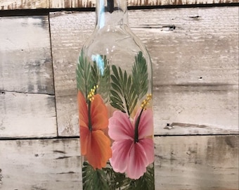 Hand painted Hibiscus Olive Oil, Dish Soap Bottle Dispenser for your kitchen