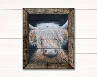 Farmhouse Highland Cow Rustic  Giclee ART PRINT, Wall Art, Farmhouse Decor,  Cow Lover Gift