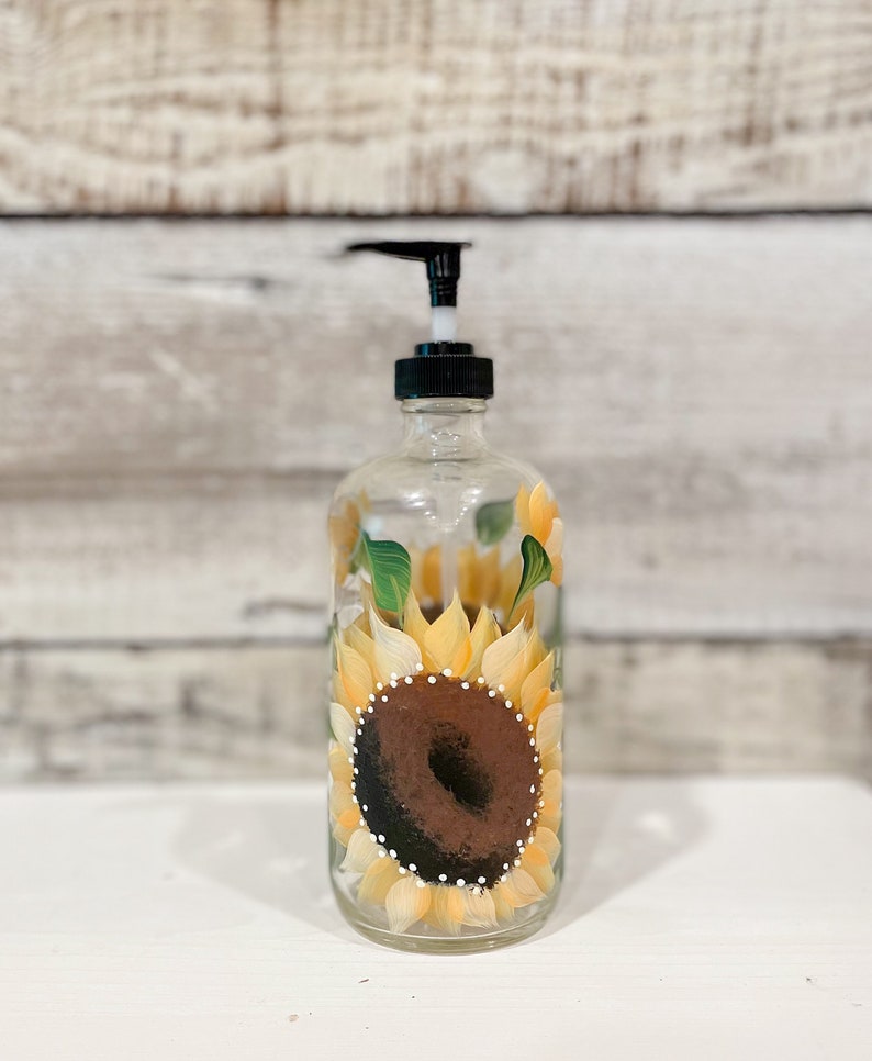 Hand painted Glass Soap, Lotion Dispenser Bottle Sunflower, 16oz.with Black pump image 3