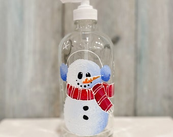 Hand painted Holiday Snowman Soap Dispenser. Christmas Gift idea for her, hostess present.  16oz with White Soap pump