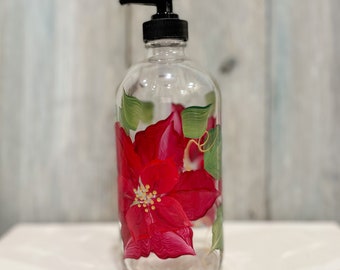 Hand painted Holiday Red Poinsettia Soap Dispenser. Christmas Gift idea for her, hostess present.  16oz with White Soap pump