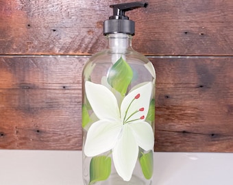 Hand painted White Lily Glass Soap Dispenser Bottle, 16oz.with Black pump. Great housewarming gift or flower lover gift