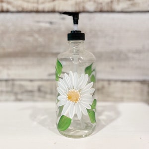 Hand painted Daisy Glass Soap Dispenser Bottle, 16oz.with Black pump. Great housewarming gift or Daisy lover gift