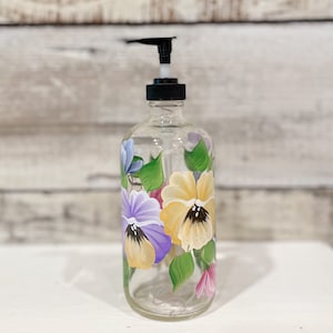 Hand painted Glass Soap, Lotion Dispenser Bottle Pansy, 16oz.with Black pump