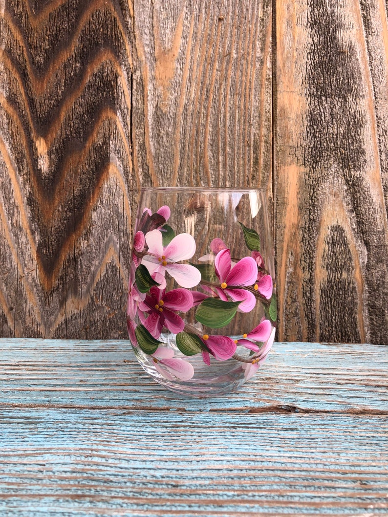 Painted Cherry Blossom STEMLESS Wine glasses. Hand painted Wine tumbler Perfect for your favourite wine. image 6