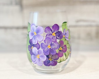 Painted Purple Violet STEMLESS Wine glasses.  Hand painted Wine tumbler Perfect for your favourite wine.