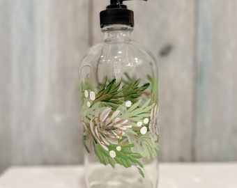 Hand painted Holiday Winter Pine Wreath Garland Soap Dispenser. Christmas Gift idea for her, hostess present.  16oz with White Soap pump