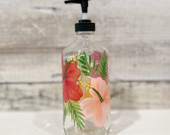 Hand painted Hibiscus Glass Soap, Lotion Dispenser Bottle, 16oz.with Black pump