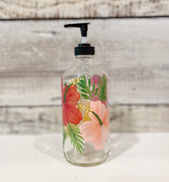 Hand Painted Hibiscus Glass Soap Lotion Dispenser Bottle 16oz