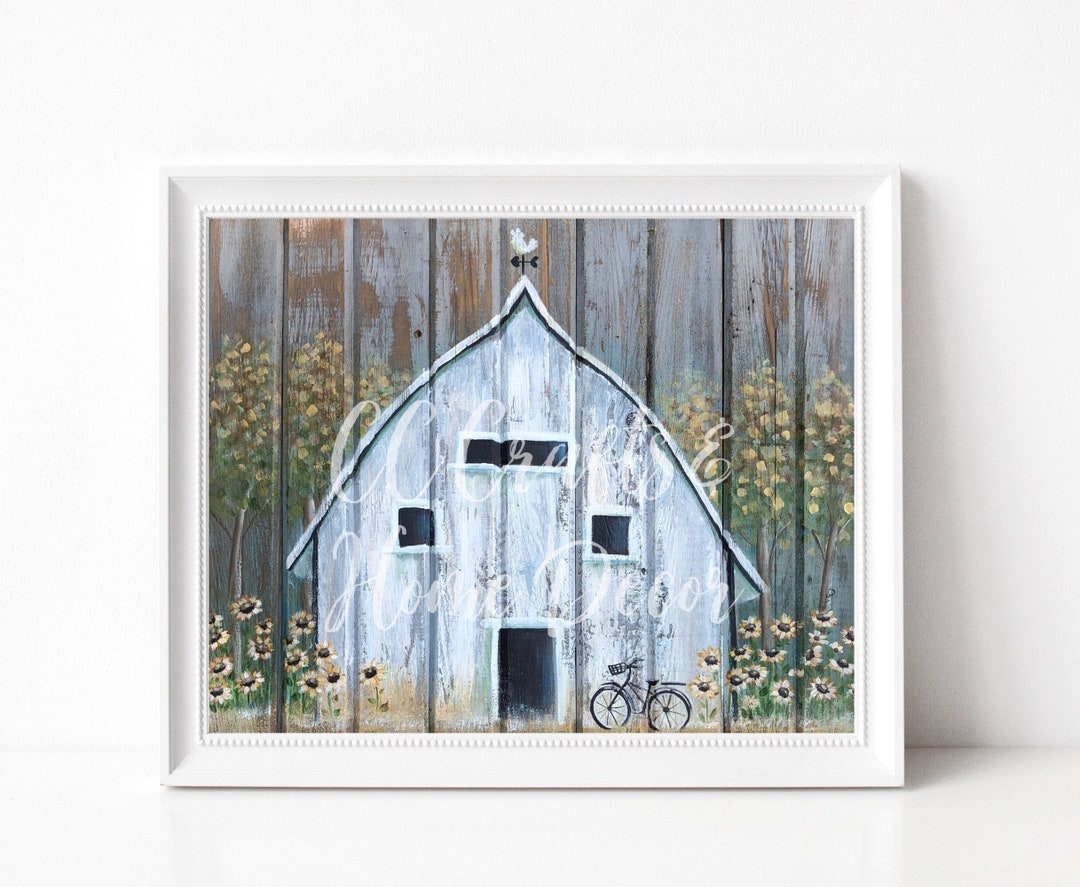 White Barn With Sunflowers Wall Art Giclee Print, Rustic Farmhouse ...
