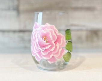 Pink Peony STEMLESS Wine glass/Tumbler. Great for your favorite wine. Mother's Day, Birthday gifts and weddings