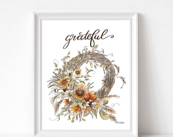Fall Autumn Grateful Floral Wreath Art Print