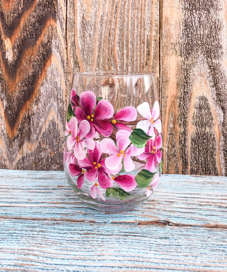 Painted Cherry Blossom STEMLESS Wine glasses. Hand painted Wine tumbler Perfect for your favourite wine. image 4