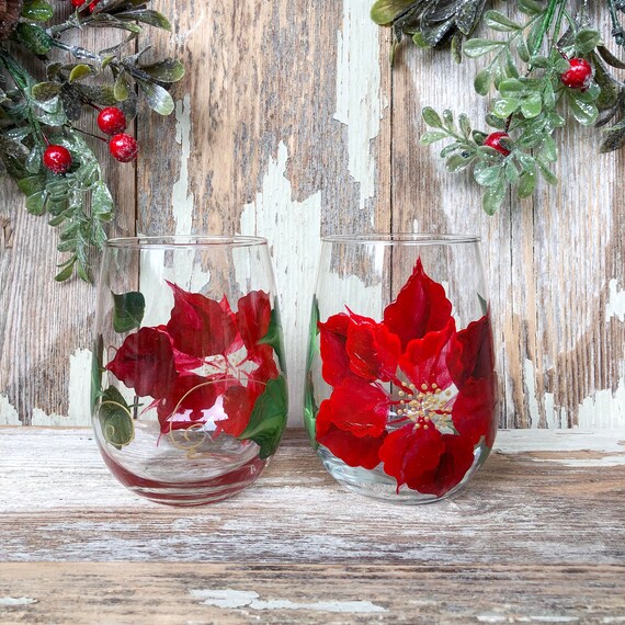 BEAUTIFULLY DECORATED!! WINE GLASSES STEMLESS-HOLIDAY POINSETTIA HAND PAINTED 