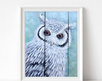 Farmhouse White Faced Owl Rustic Acrylic Painting  Giclee ART PRINT, Wall Art, Farmhouse Decor,  Owl Nature Lover Gift