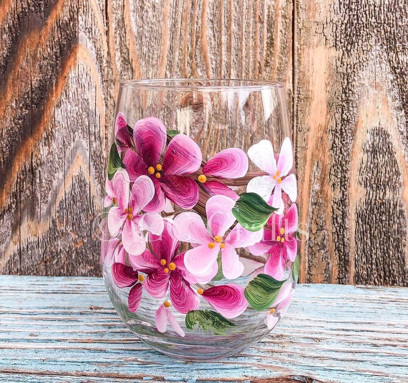 Painted Cherry Blossom STEMLESS Wine glasses. Hand painted Wine tumbler Perfect for your favourite wine. image 3