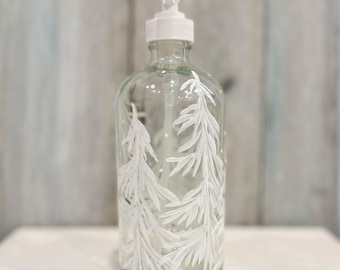 Hand painted Holiday White Trees Soap Dispenser. Christmas Gift idea for her, hostess present.  16oz with White Soap pump