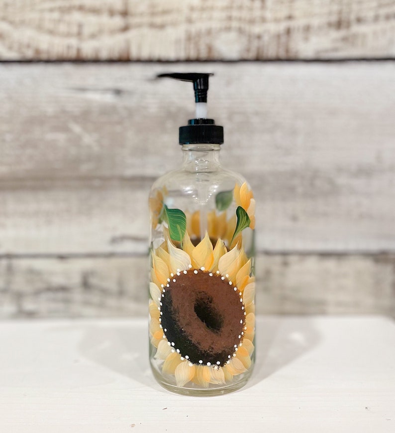 Hand painted Glass Soap, Lotion Dispenser Bottle Sunflower, 16oz.with Black pump image 1