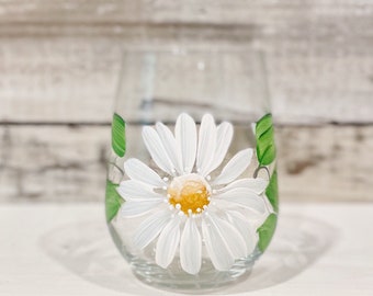 Painted White Daisy STEMLESS Wine glasses.  Hand painted Wine tumbler Perfect for your favourite wine.