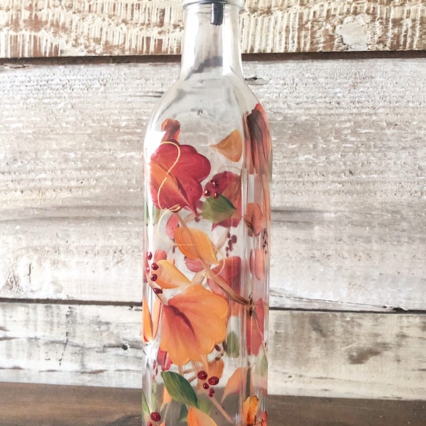 Hand painted Autumn Fall Leaves Olive Oil, Dish Soap Dispenser Bottle for Kitchen