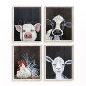 Farmhouse Animal Rustic Giclee Wall ART PRINTS, Cow, Chicken, Goat, Pig. Set of Four, from my  Original Artworks. Great Gift Idea