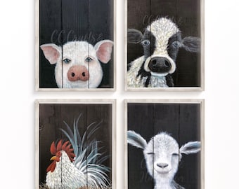 Farmhouse Animal Rustic Giclee Wall ART PRINTS, Cow, Chicken, Goat, Pig. Set of Four, from my  Original Artworks. Great Gift Idea