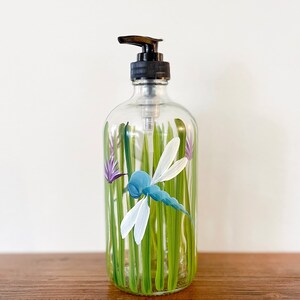 Hand painted Dragonfly Glass Soap Dispenser Bottle, 16oz.with Black pump. Great Mothers Day, Birthday, housewarming, dragonfly lover gift