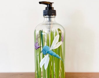 Hand painted Dragonfly Glass Soap Dispenser Bottle, 16oz.with Black pump. Great housewarming gift or dragonfly lover gift