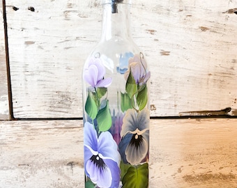 Hand painted Blue and Purple Pansy Olive Oil, Dish Soap Dispenser Bottle for Kitchen