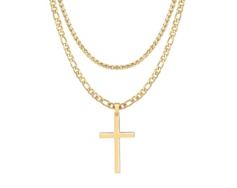 Necklace Set for Men - 14K Gold Figaro Chain & Stainless Steel Braided Wheat Cross Set, 2 Necklaces / Chains