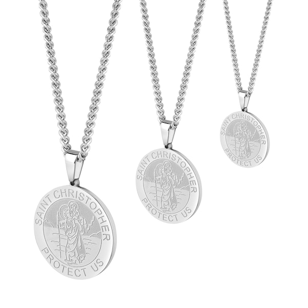 St Christopher Silver Pendant & Necklace Chain Set, Round Medal Patron Saint Christopher Pendant w/ Stainless Steel Chain Necklace, 3 Sizes