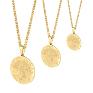 St Christopher Gold Pendant & Necklace Chain Set, Round Medal Patron Saint Christopher Pendant w/ Stainless Steel Chain Necklace, 3 Sizes