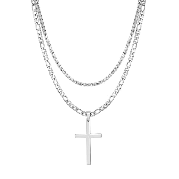 Necklace Set for Men - Silver Figaro Chain & Stainless Steel Braided Wheat Cross Set, 2 Necklaces / Chains