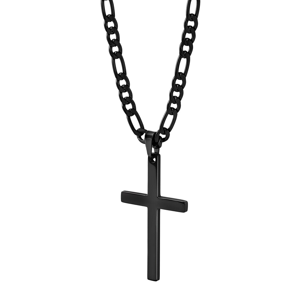 Waterproof Cross Necklace, Mens Black Cross Pendant & Figaro Chain Set ...