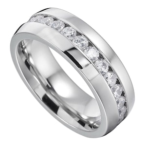 Men&#39;s Women&#39;s 8mm Stainless Steel Ring / Eternity Band w/ Flawless Diamond Simulants, Silver Wedding Engagement Band, All Sizes, Engraved