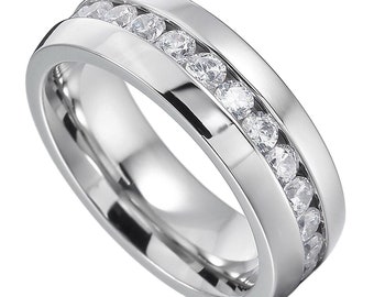 Men's Women's 8mm Stainless Steel Ring / Eternity Band w/ Flawless Diamond Simulants, Silver Wedding Engagement Band, All Sizes, Engraved