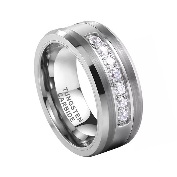 Men's Tungsten Ring w/ Flawless Diamond Simulant Inlay, Intricate Silver Wedding Engagement Band, Men's Tungsten Wedding Ring, Sizes 7-15