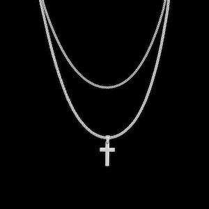 Necklace Set for Men - Silver Curb & Wheat Chains, Small Stainless Steel Cross Pendant, 2 Necklaces / Chains