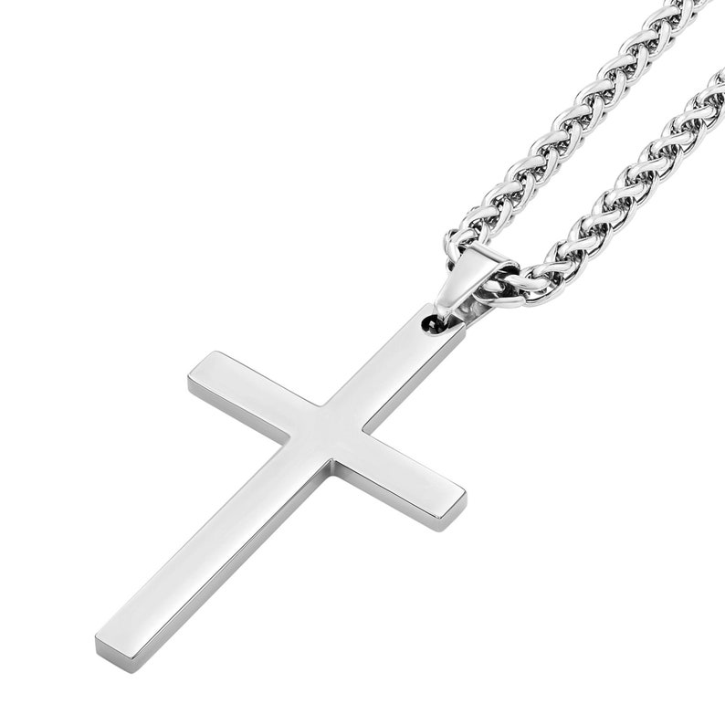 Cross Necklace For Men Women Him Her - Personalized Silver Stainless Steel Cross Pendant - Braided Silver Wheat Chain Man Woman Necklace 
