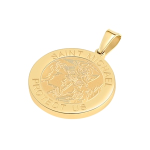 May include: Gold-toned pendant with a round design featuring an image of Saint Michael and the text "Saint Michael Protect Us".