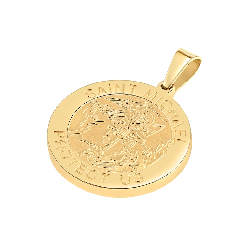 May include: Gold-toned pendant with a round design featuring an image of Saint Michael and the text "Saint Michael Protect Us".