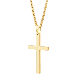 Men&#39;s 14K Gold Cross Necklace & Pendant - Cuban Link Chain Necklace for Man - Minimalist Gold Stainless Steel Cross - Engraved - Waterproof