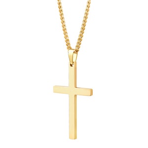 Men's 14K Gold Cross Necklace & Pendant - Cuban Link Chain Necklace for Man - Minimalist Gold Stainless Steel Cross - Engraved - Waterproof