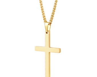 Men's 14K Gold Cross Necklace & Pendant - Cuban Link Chain Necklace for Man - Minimalist Gold Stainless Steel Cross - Engraved - Waterproof