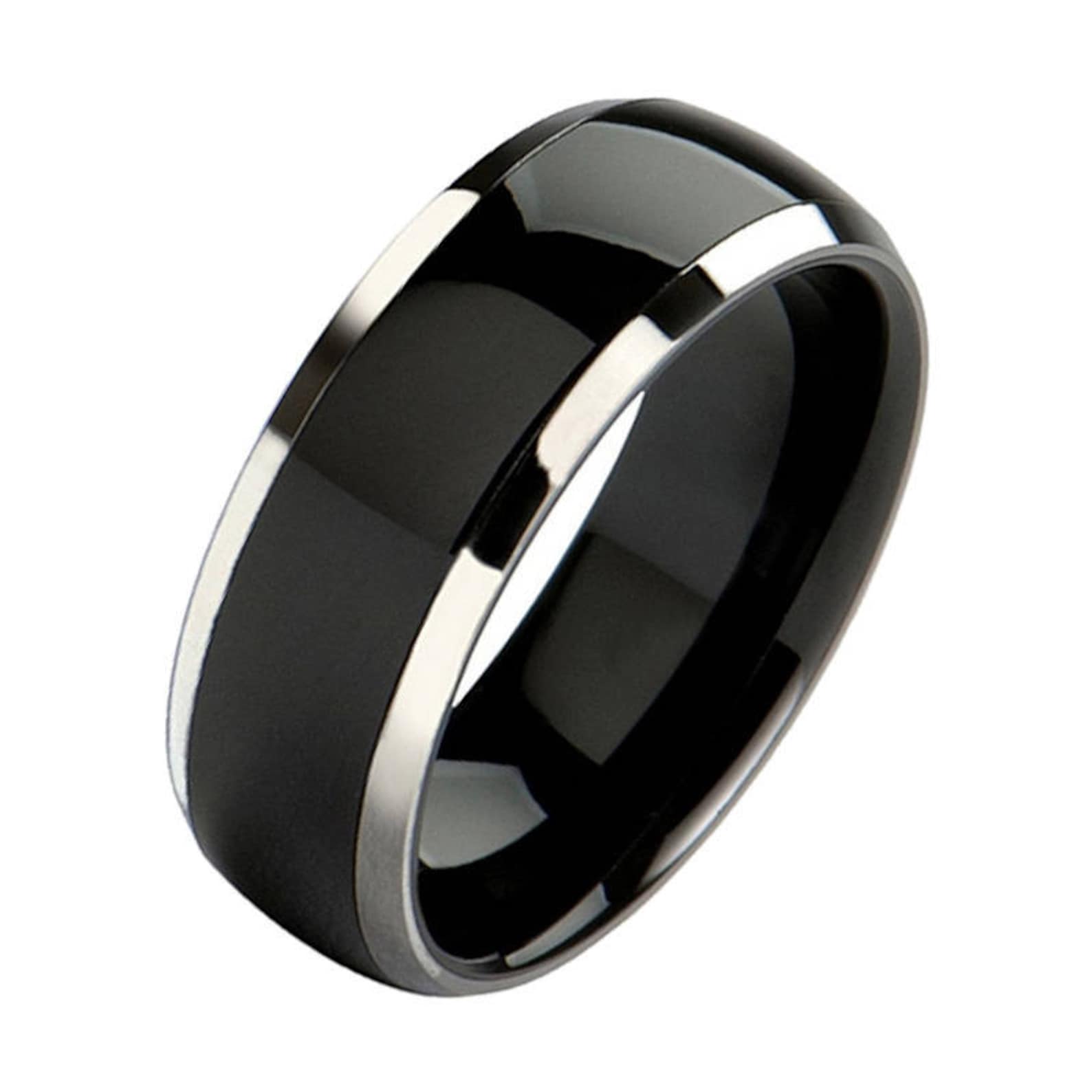 Black Titanium Wedding Ring W/ Polished Silver Edges, Men's and Women's Black Titanium Wedding Ring W/ Polished Silver Edges, Men's and Women's