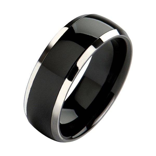 Black Titanium Wedding Ring w/ Polished Silver Edges, Men's and Women's Wedding Band, Optional Engraving, Sizes 5-15 w/ Half Sizes