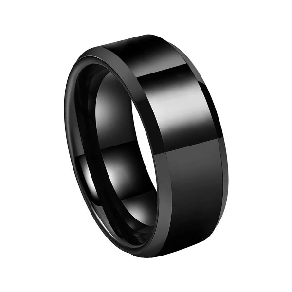 Men's All Black Tungsten Ring w/ Black Beveled Edges, 8mm Wide Black Wedding Band, Sizes 7-15 (with half sizes)