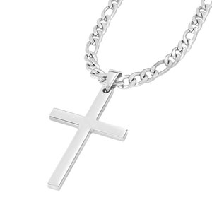 May include: A silver chain necklace with a silver cross pendant.
